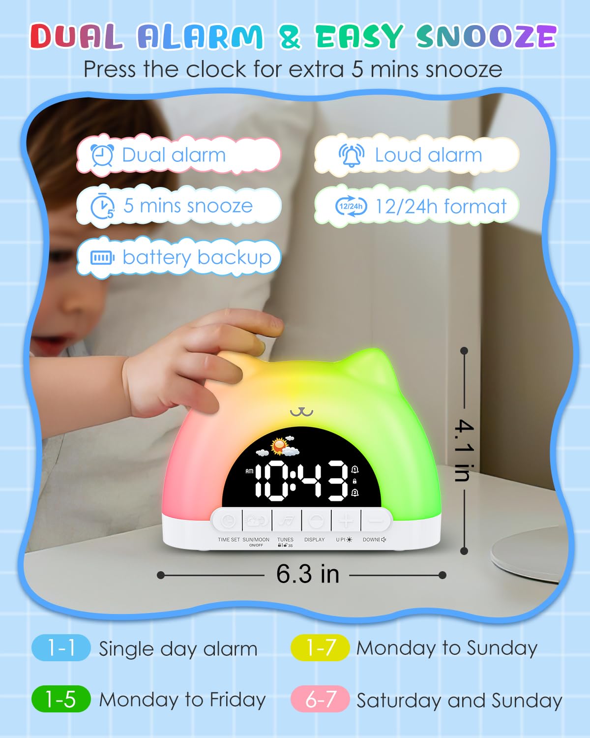 Reloj despertador para niños, reloj OK to Wake para niños, reloj de gato con luz nocturna de 11 colores, 10 sonidos relajantes, bloqueo infantil, alarmas duales, entrenamiento del sueño
