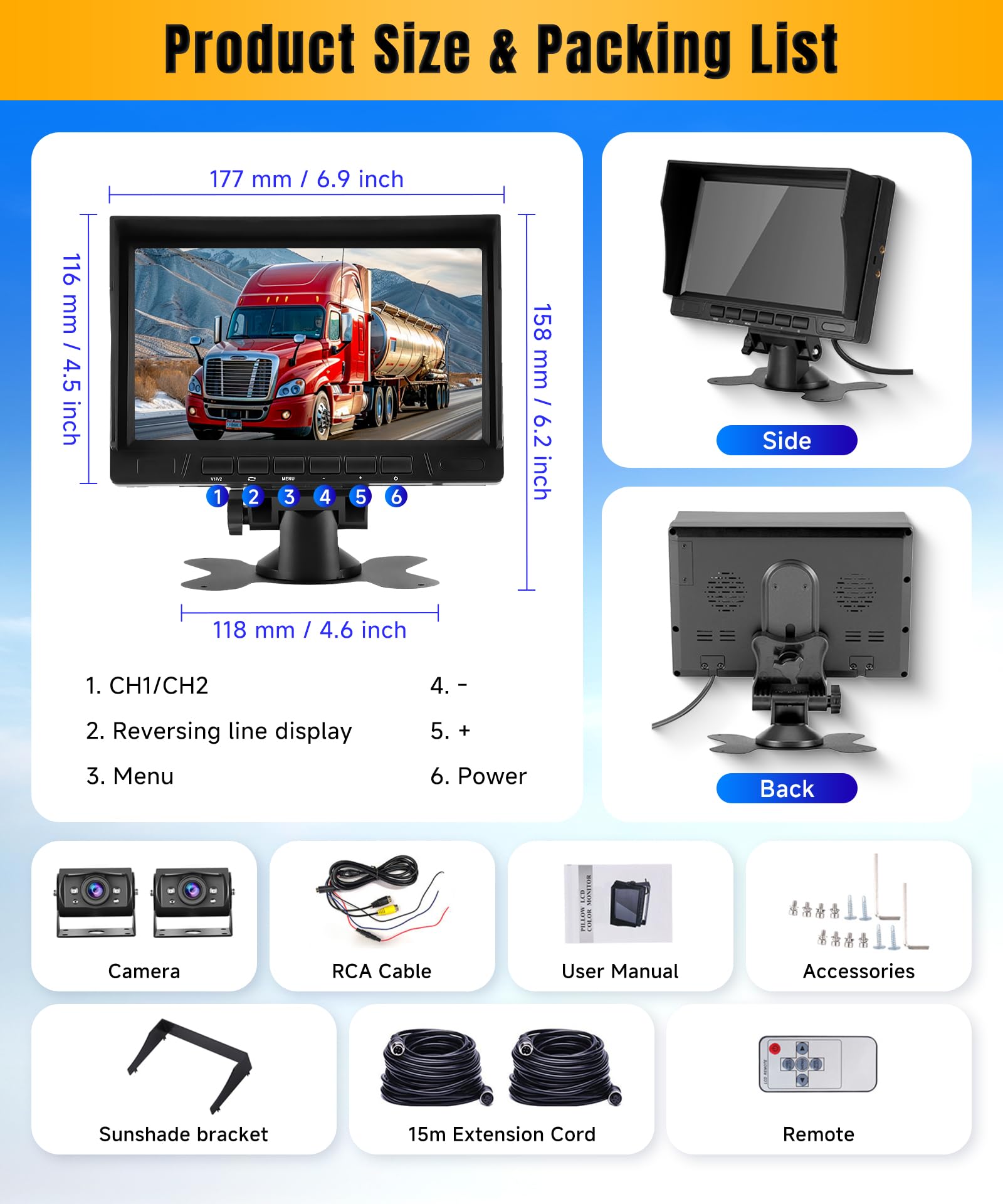VECHTEL 1080P Cable para cámara de visión Trasera (2 Unidades) con Monitor IPS de 7 Pulgadas, Pantalla Dividida, IP69 AHD visión Nocturna para SUV,camión, Autocaravana,con Visera,Cable de 15 m