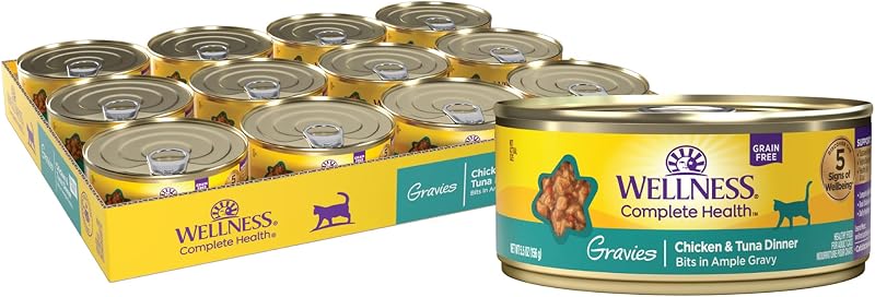 Ração úmida para gatos adultos Wellness Complete Health, sabor frango e atum com molho, sem grãos, pacote com 12 latas de 156 g