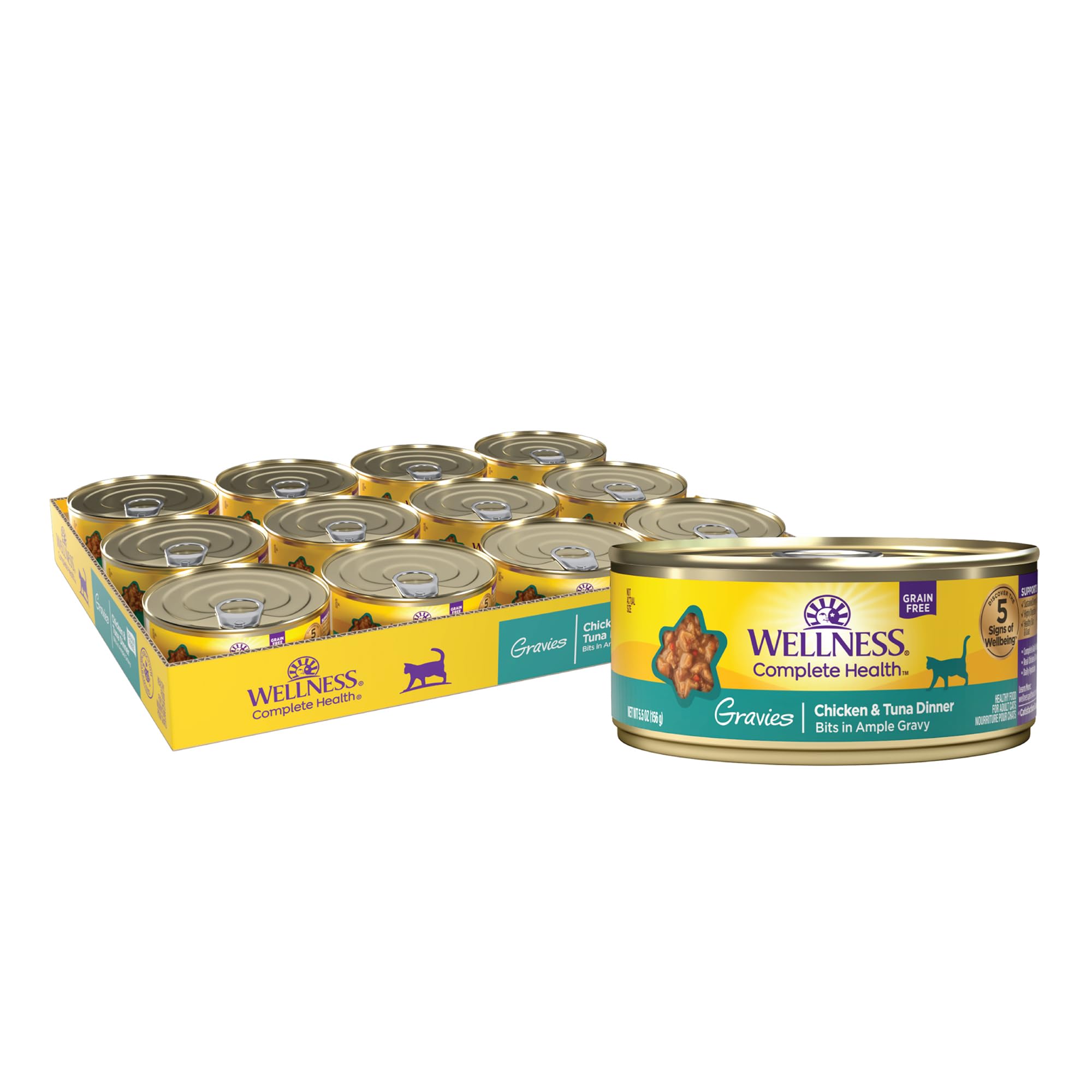 Wellness Complete Health Gravies Adult Canned Wet Cat Food, Natural, Protein Rich, Grain Free, Chicken and Tuna Dinner Recipe, 5.5 oz, Pack of 12 Cans