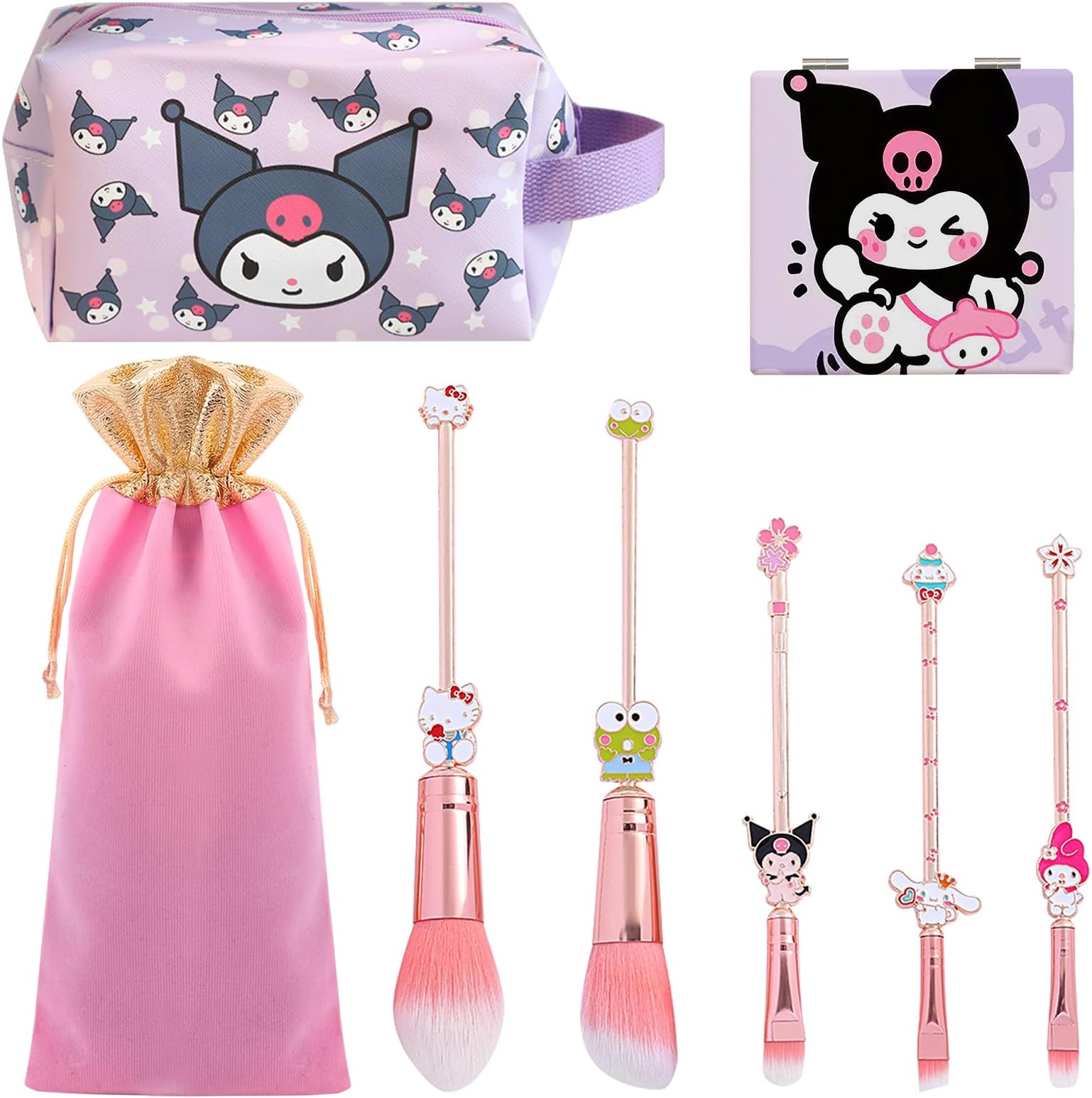 MprocenCartoon Cosmetic Bag Set With 5PCS Makeup Brush, Cute Mirror, Portable Kawaii Travel Set, Gifts for Girls and Women