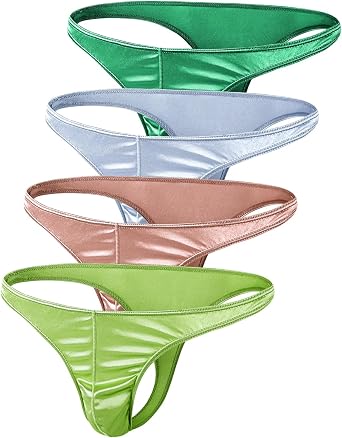Mens Silky Satin Stretch Support Briefs Thong G-string Bikini Sexy Underwear for Men 4 Pcs/pack