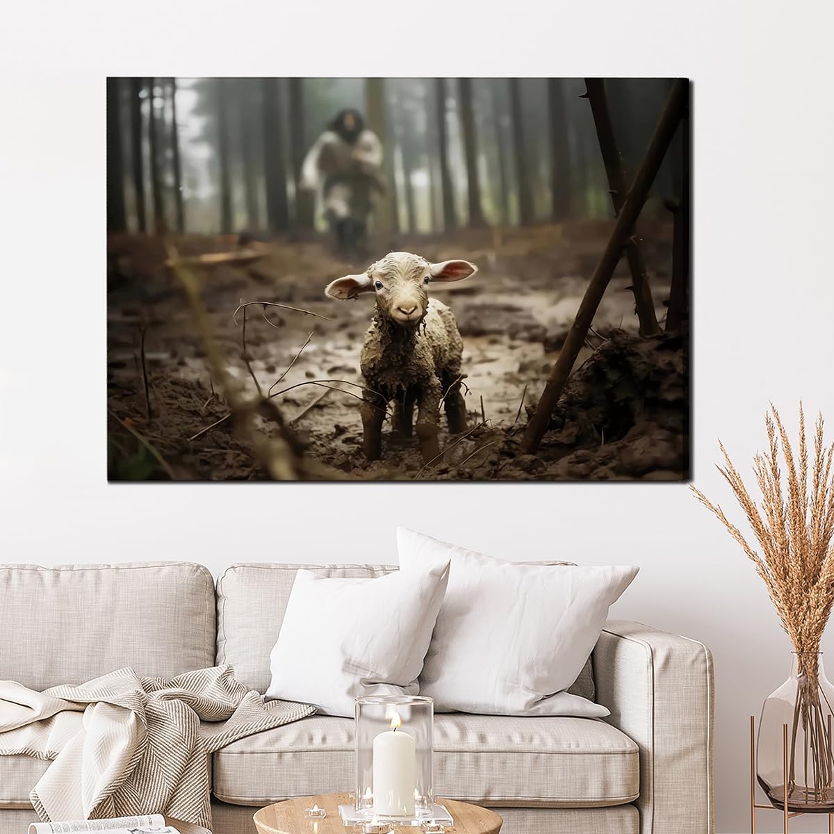 Balgardekor Jesus Running After Lost Lamb Christian Painting Canvas Wall Art Jesus and Lamb Religious Inspirational Home Decor for Living Room Bedroom Office Church (1, Grey 1, 12 x 16 Inches) - Image 3