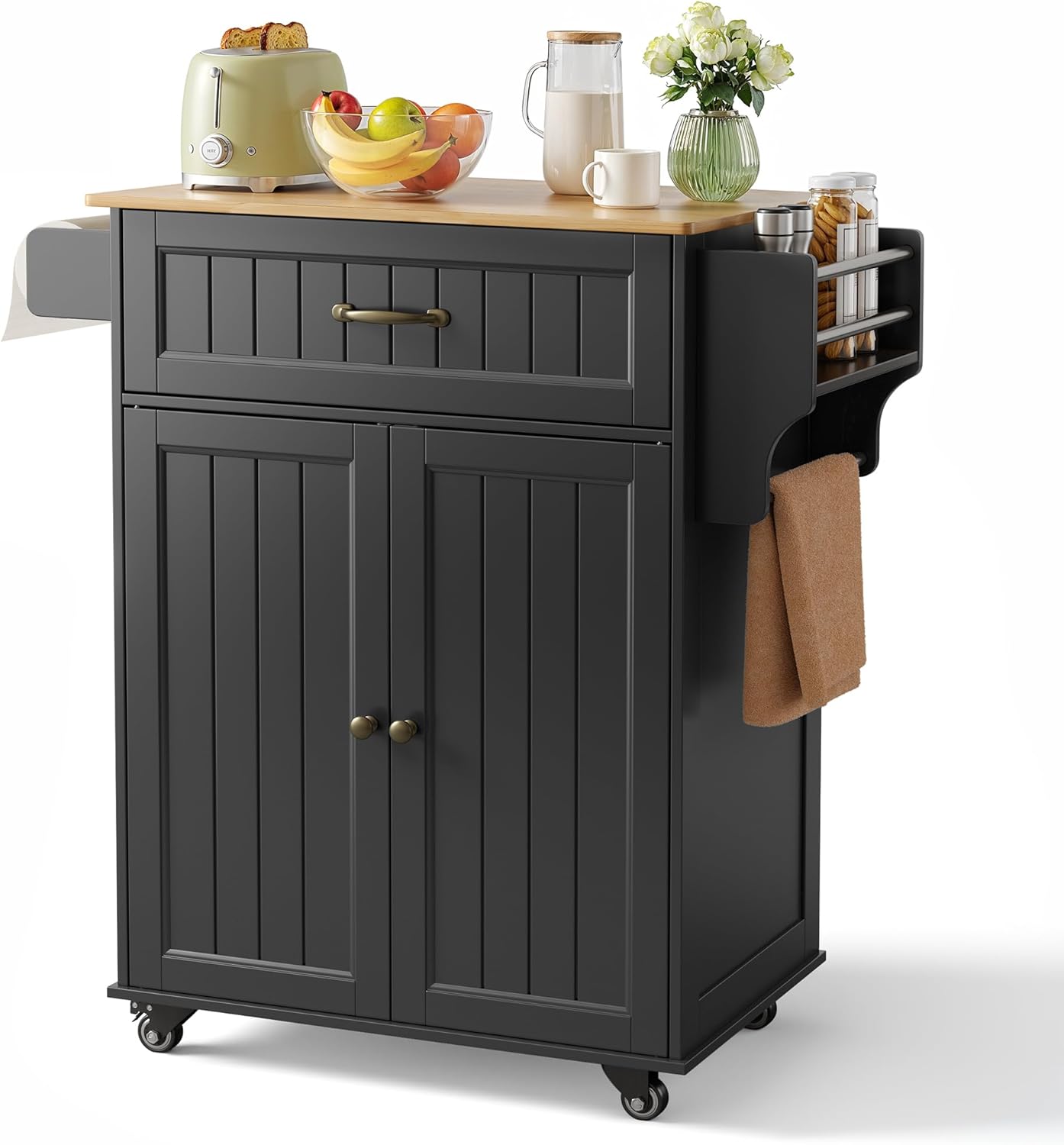 Bealife Kitchen Trolley with Towel Holder and Spice Board, Kitchen Island on Wheels, Movable Kitchen Cabinet with Drawers, Serving Trolley for Kitchen, Dining Room, Hallway (Black)