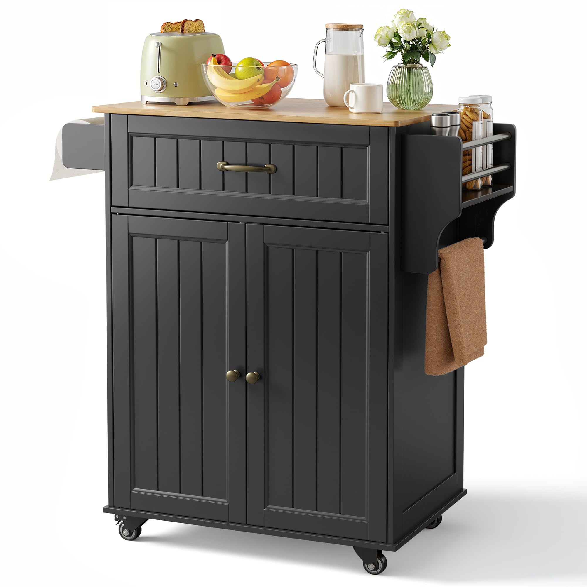 Bealife Isla de Cocina con Ruedas, Carro de Cocina con Cajón, Armario, Estante Lateral para Especias y Toallero, Mueble Auxiliar de Almacenamiento para Comedor (Negro)
