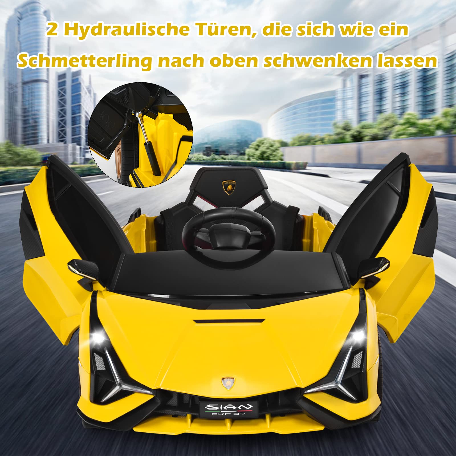 GOPLUS Kinder Elektroauto Lamborghini, Kinderauto mit Fernbedienung, Kinderfahrzeug, Bluetooth USB, mit Hupe & Musik, 3-5 km/h, Vorwärts & Rückwärts Möglich, für Kinder von 3-8 Jahre (Gelb)