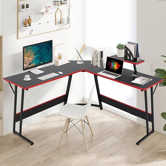 L Shaped Desk, Computer Desk L Shaped with Large Desktop, L Shaped Computer Desk with Monitor Stand & Adjustable table feet, Small L Shaped Desk for Home Office Study Writing, Corner Computer Desk