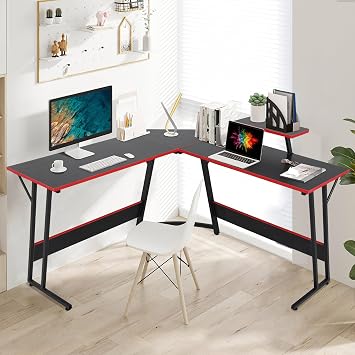 L Shaped Desk, Computer Desk L Shaped with Large Desktop, L Shaped Computer Desk with Monitor Stand & Adjustable table feet, Small L Shaped Desk for Home Office Study Writing, Corner Computer Desk