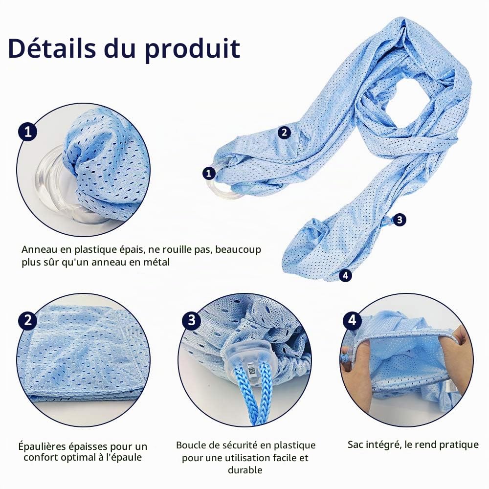 Écharpe de portage réglable pour bébé, anneau aquatique pour bébé, porte-bébé en maille respirante et à séchage rapide, parfait pour l'été, la natation, la piscine, la plage (Bleu clair)