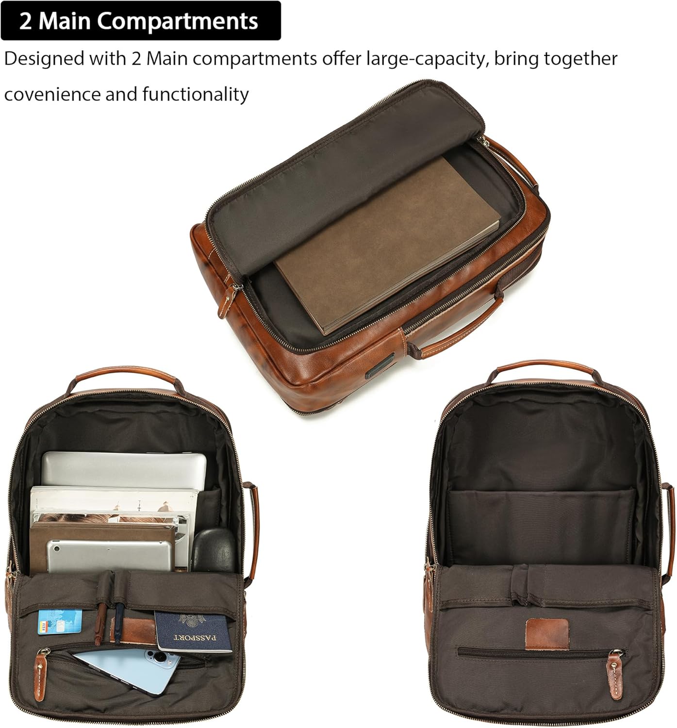 LANNSYNE Vegetable Tanned Leather Backpack for men, Expandable Leather Backpack Fits 15.6 Laptop, Tote Shoulder Travel Bag Rucksack - Image 2