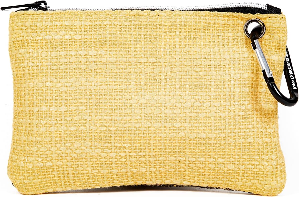 DIME BAGS Hemp Pouch, Compact Tote with Dual Zippered Compartments, Travel Wallet with Carabiner Clip & Interchangeable Patch, Coin Bag Zipline (8 inch, Yellow)