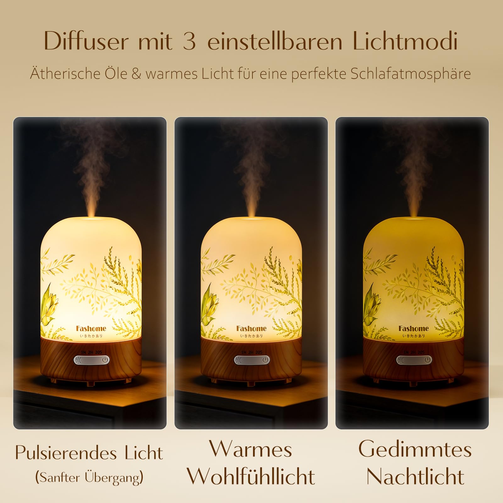 Aroma Diffuser 100ml Glas handgefertigt, Sommer-Edition Jasmin, Inkl. 10ml Jasmin-Öl, Ultraschall Diffusor für ätherische Öle, Leise Luftbefeuchter Warmlicht & Abschaltautomatik, Geschenk-Set