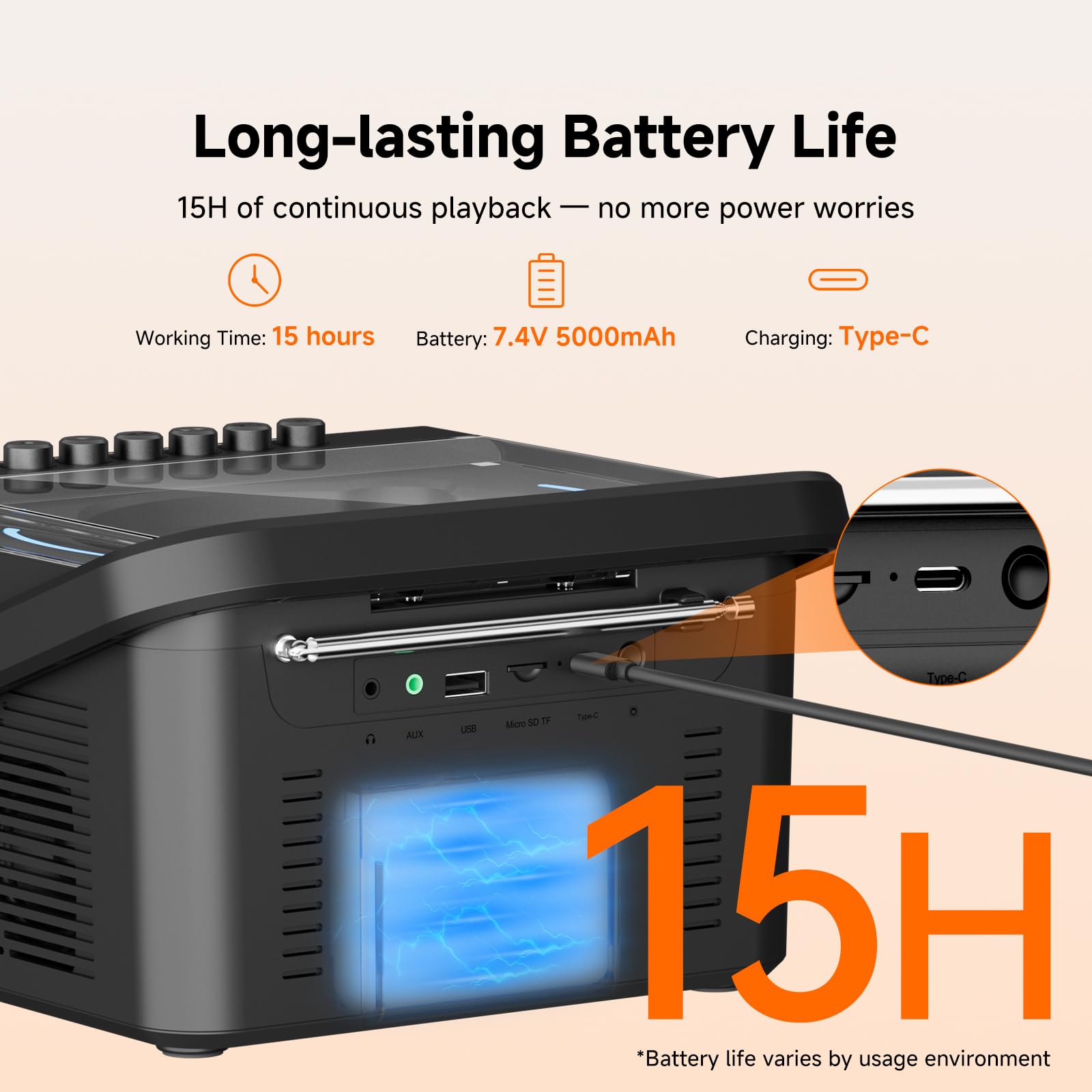 Retekess TR642 Lecteur CD Portable Radio AM FM Cassette Batterie 5000 mAh Boombox Stéréo