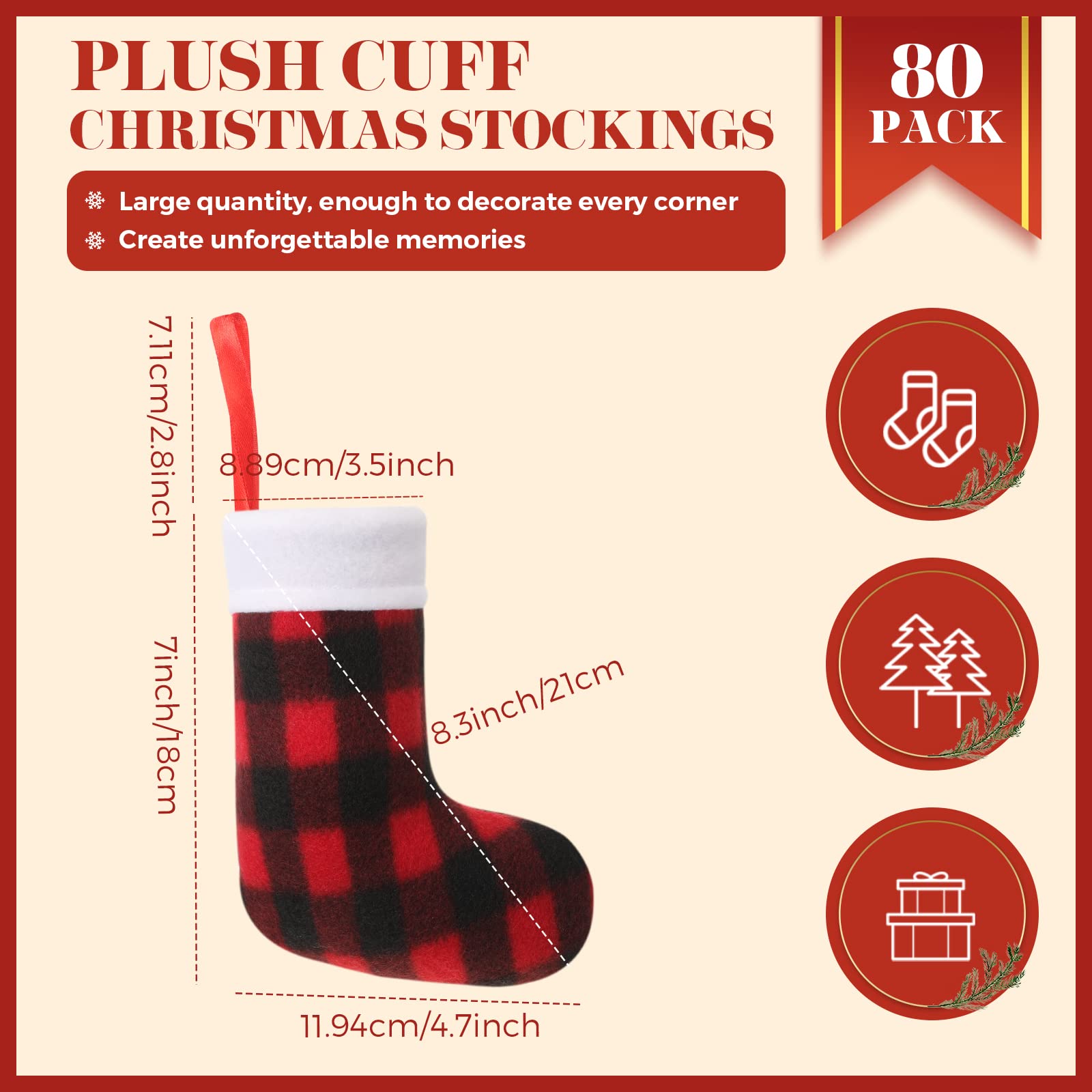 Lot de 80 chaussettes de Noël à suspendre - Motif écossais - 17,8 cm - Avec revers en peluche - Petites chaussettes de Noël à suspendre - Noir et rouge - Décorations pour festival de famille