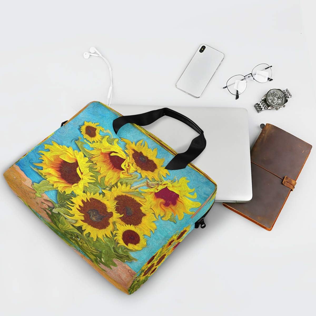 Laptop Bag Floral Yellow Sunflowers Painting Laptop Sleeves Case for 13 14 15.6 Inch Computer Tablet Briefcases Carrying Case Shoulder Bag for Work