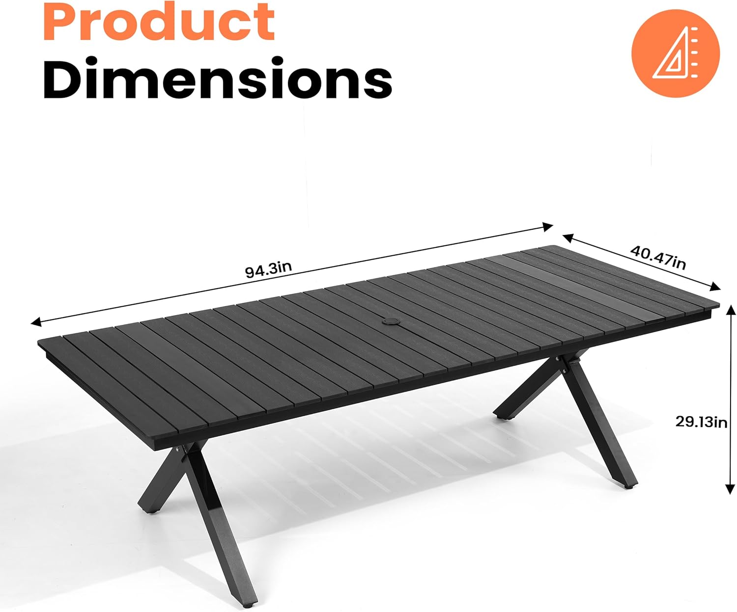 Pellebant 94" Outdoor Dining Table for 8-10, 8ft Aluminum Patio Table with Umbrella Hole, Weather Resistant Black Wood Grain Tabletop and Sturdy Frame for Deck, Porch, Backyard
