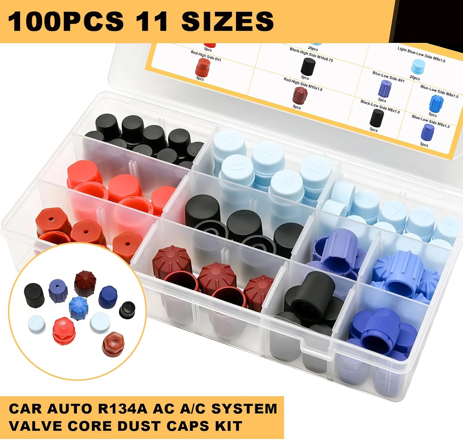 Siptenk 100PCS Car AC Dust Caps, R12 R134a High & Low Pressure Port Caps | 11 Size, ac line caps, A/Conditioning Sealed Recharge Valve Core Dust Cap Assorted Kit, for AC System Ports