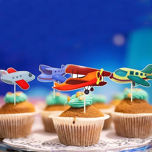 Miniatura 5 de Decoración para cupcakes de avión, 12 piezas de decoración de fiesta de cumpleaños de avión para niños, recuerdos de baby shower, letrero de avión