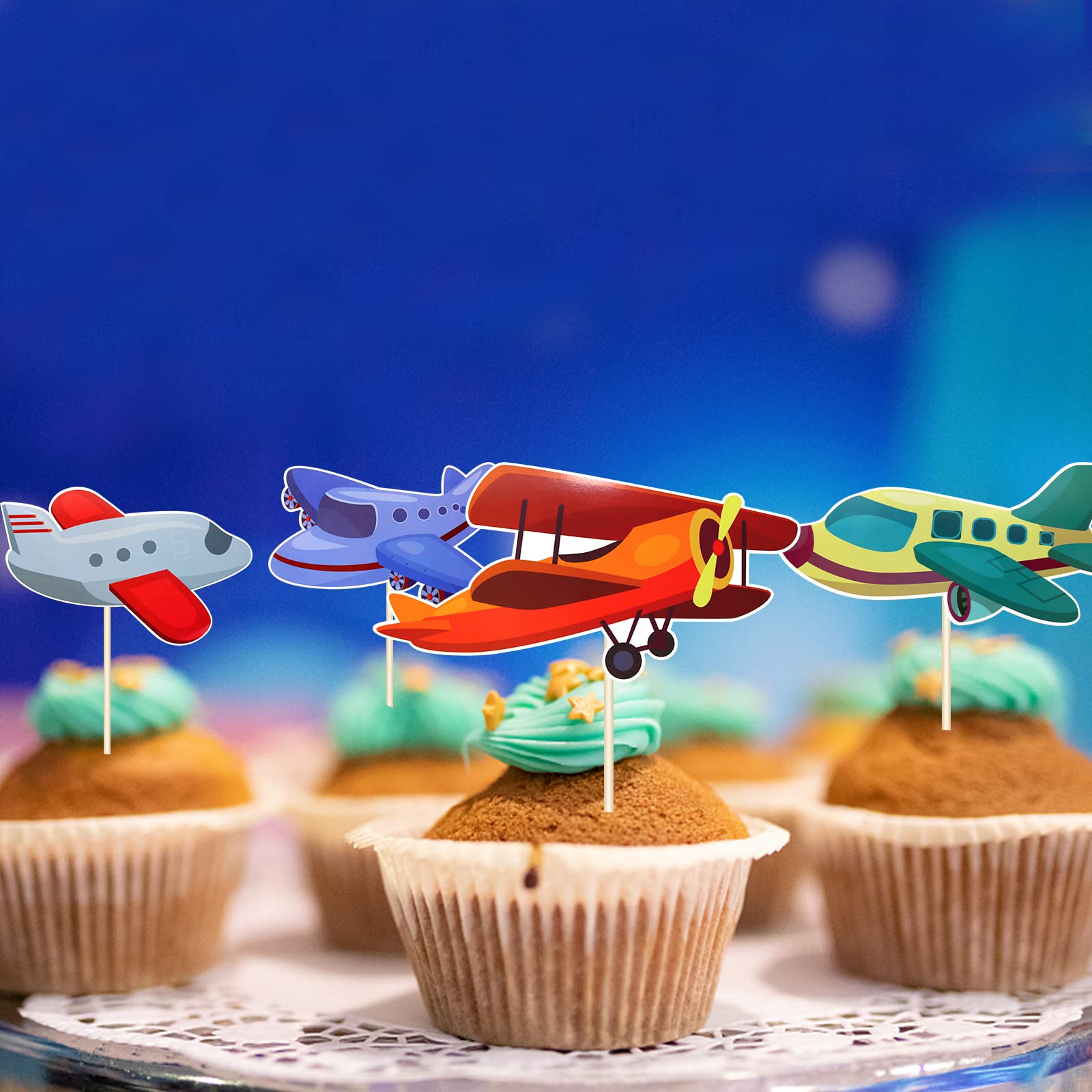 24Pcs Airplane Cupcake Toppers - Blue & Orange Glitter Birthday Party Decorations