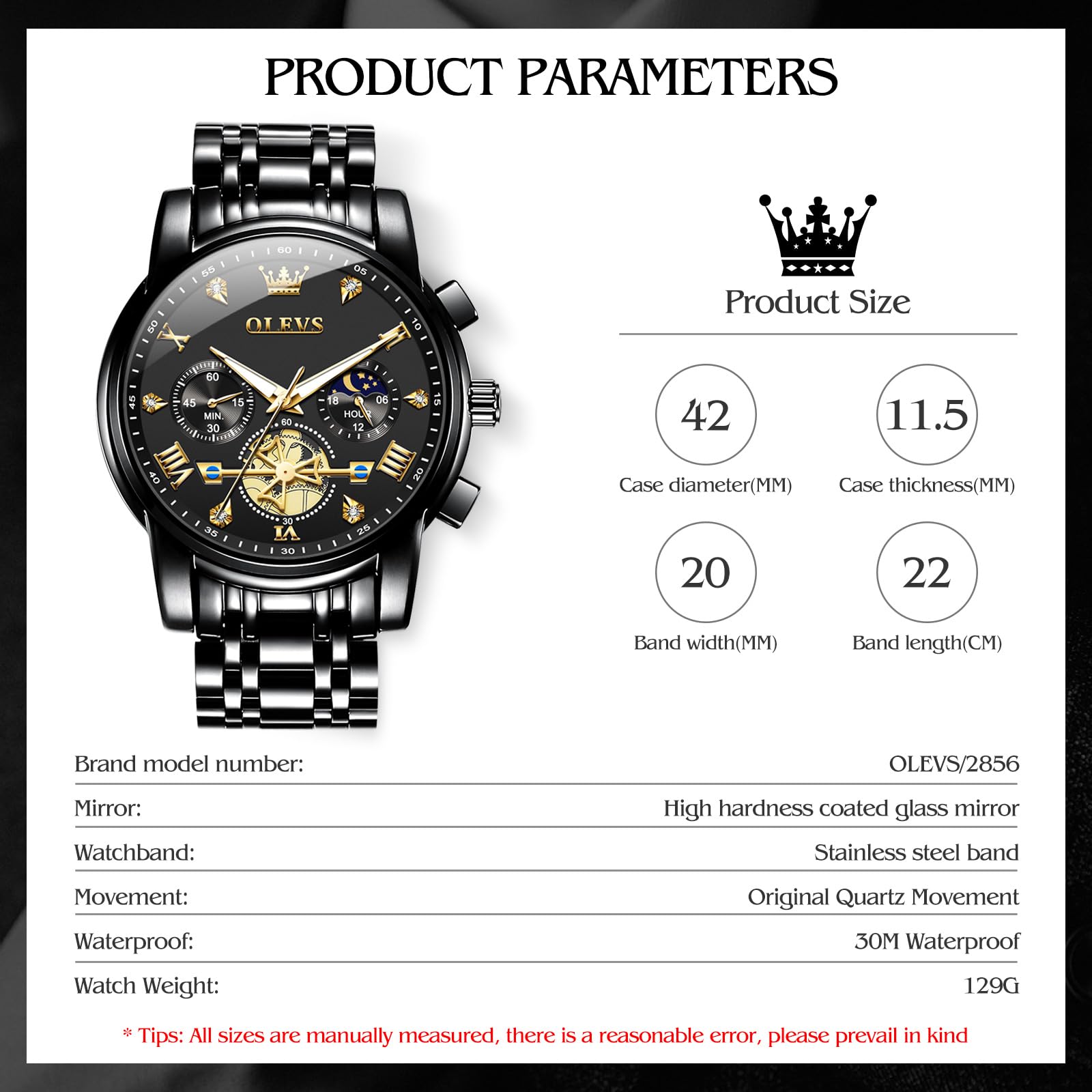 OLEVS Mens Watches Luxury Business Stainless Steel Chronograph Moon Phase Waterproof Date Analog Quartz Dress Watches for Men,Silver/Blue/Black/Gold Dial