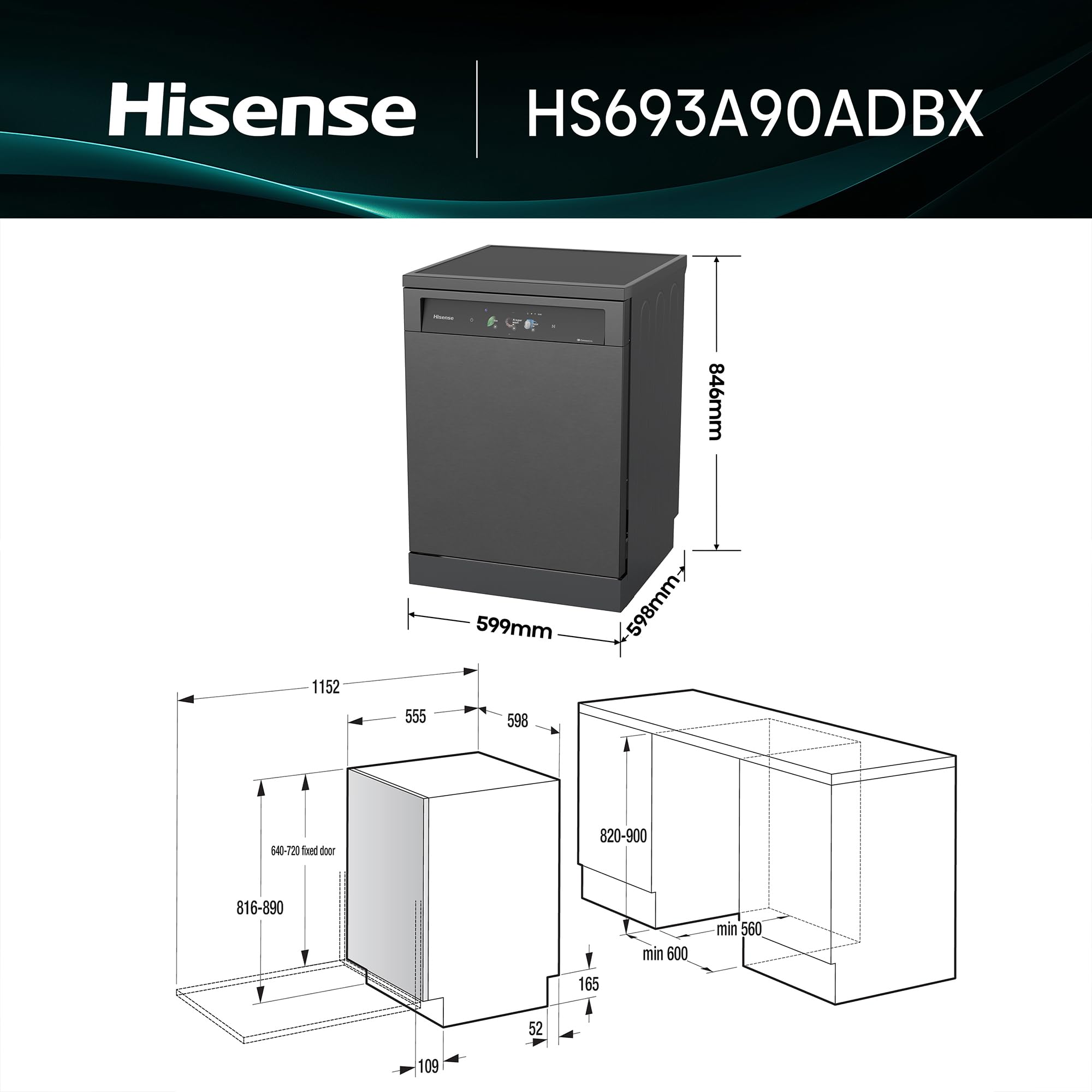 Hisense HS693A90ADBX - Lavavajillas Clase A, 16 Servicios, Fondo 60cm, Pantalla TFT Vision Plus 6.86", Super Wash IA, Programa ECO IA, Secado All Dry, Media Carga Auto, Tercera Bandeja, Inox