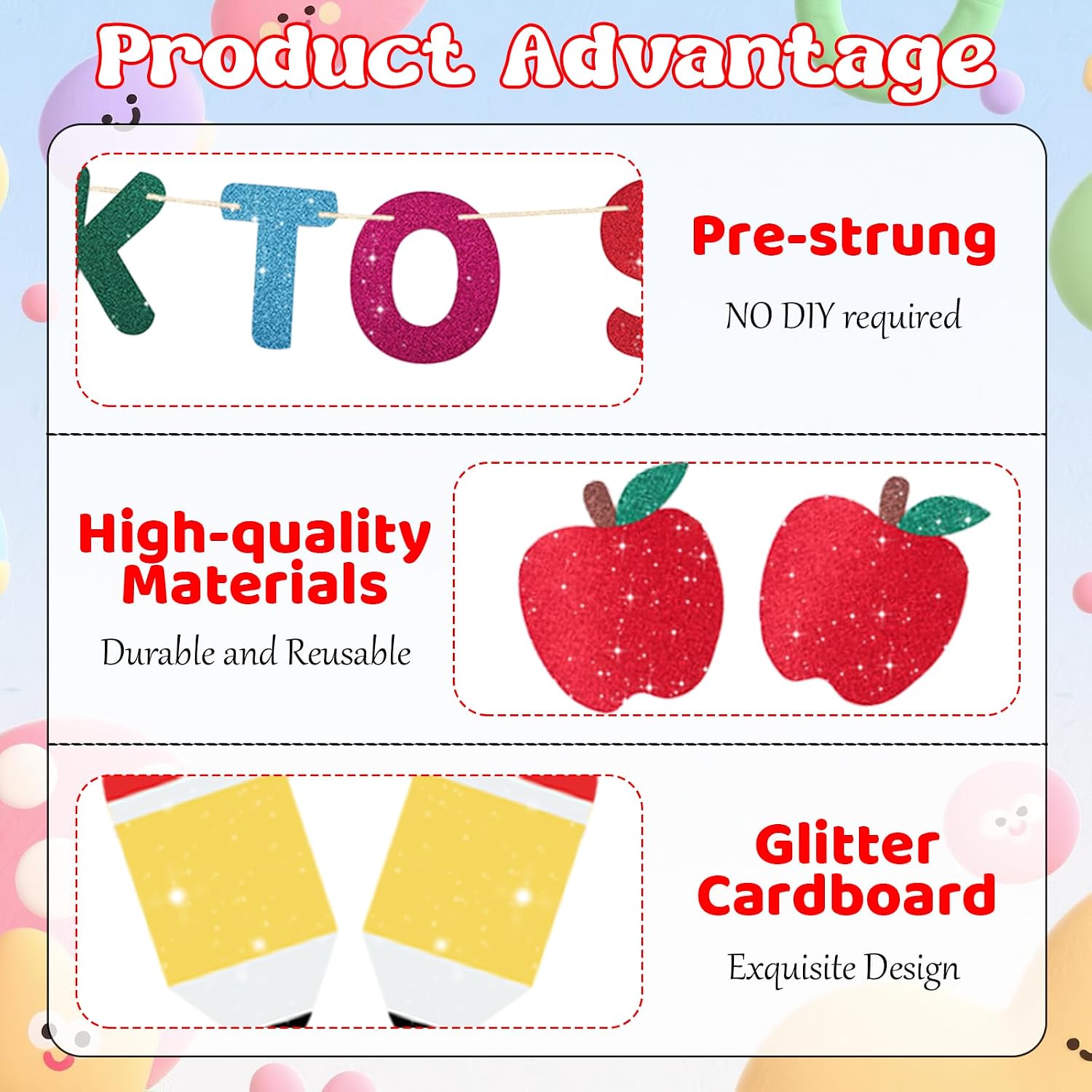 Welcome Back To School Banner Decorations Pre-Strung | Pencil Banner First Day Of School Decorations For Home, Glitter Apple Banner Back To School Supplies For Photo Backdrop Props