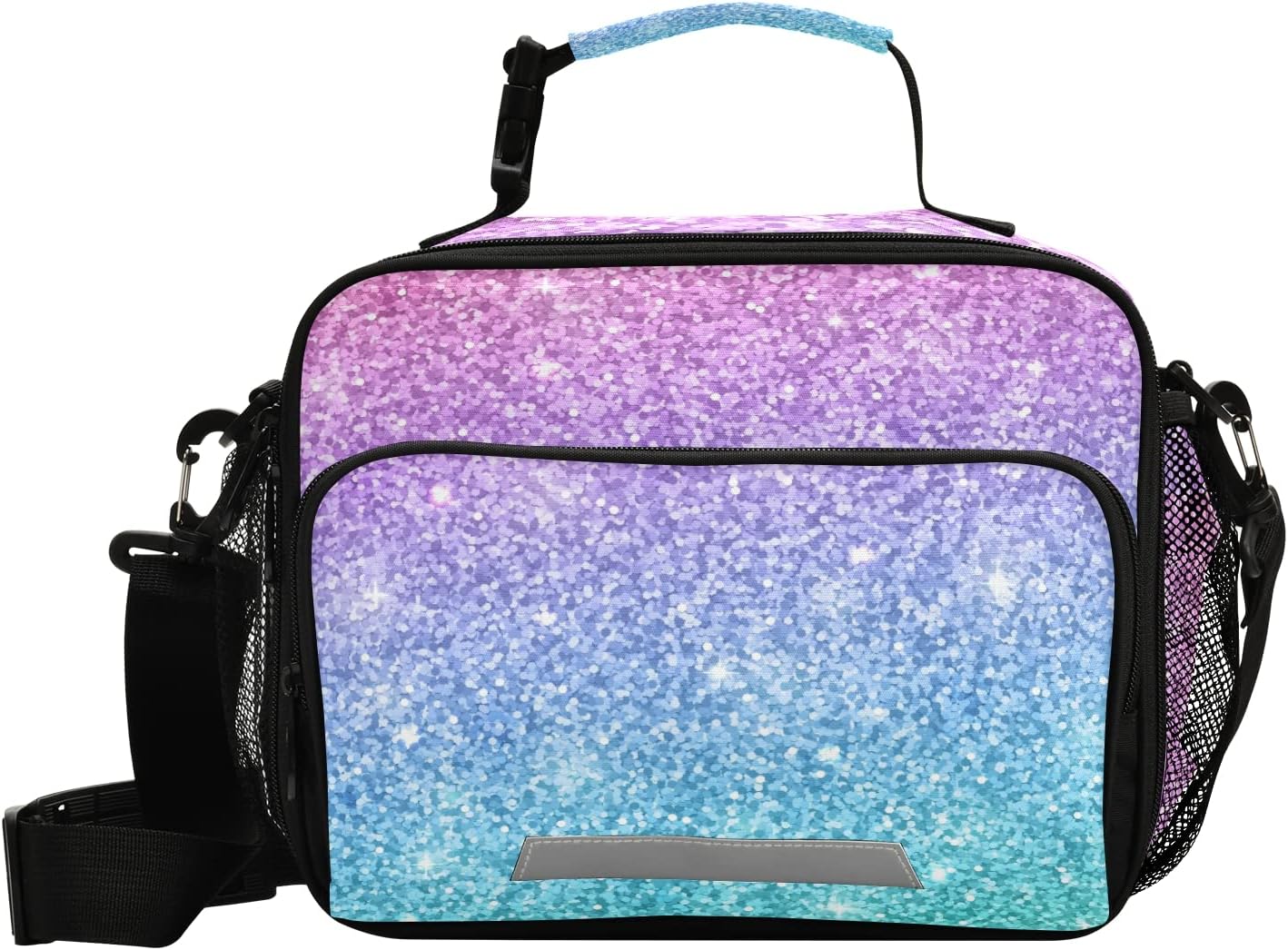 Eionryn Rainbow Glitter Sparkle Lunch Bags Pink Blue Gradient Lunch Box Insulated Cooler Bag Reusable Tote Shoulder Bag for Outdoor Picnic Meal Office