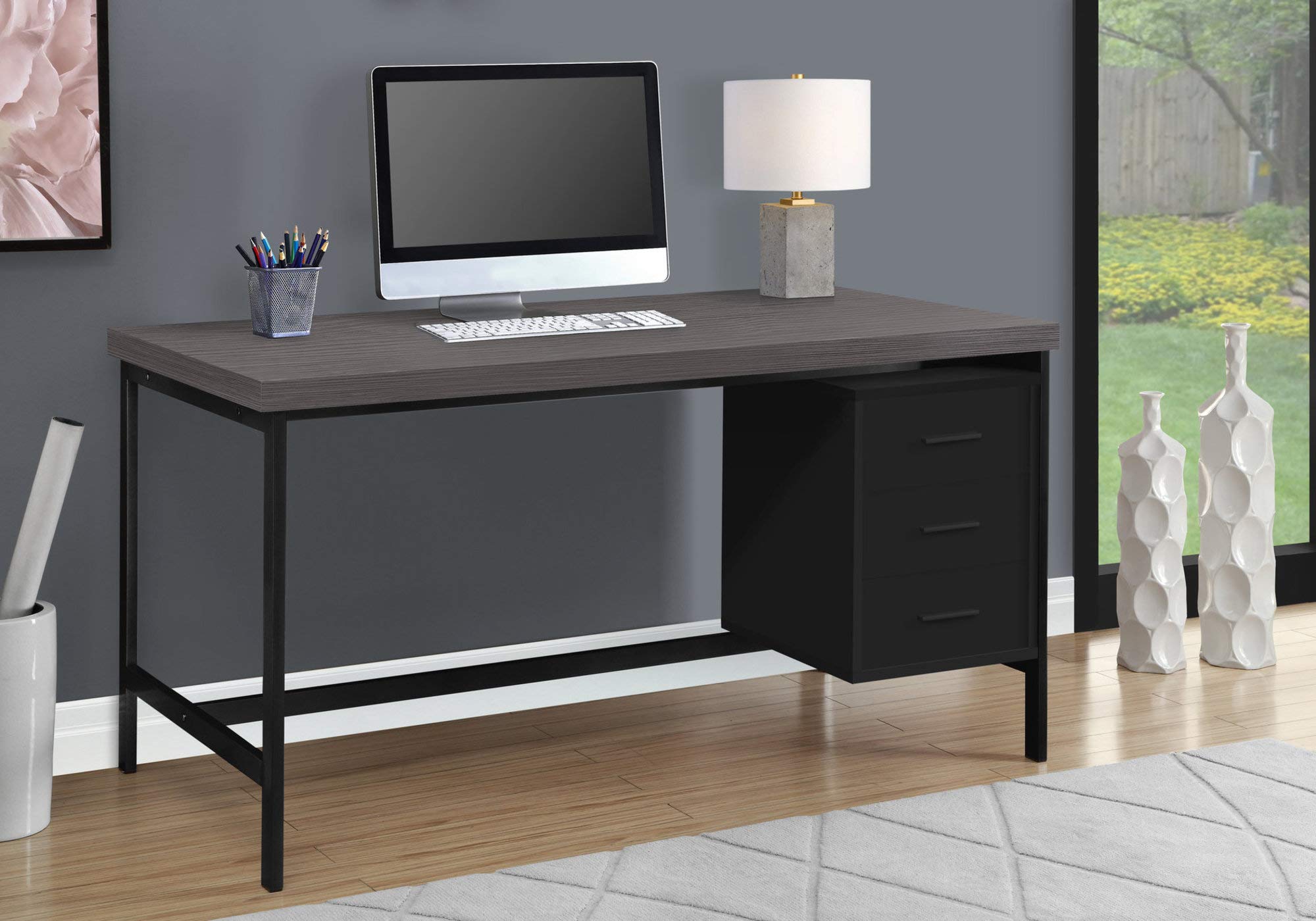 Monarch Specialties Home & Office Computer Desk with Drawers-Metal Frame, 60" L, Black-Grey Top