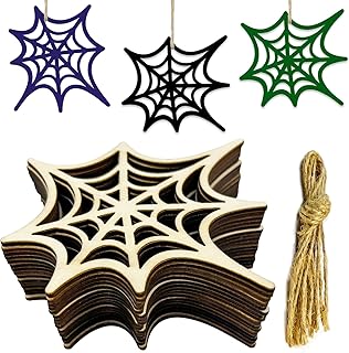 30pcs Unfinished Wood Spider Web Shape Halloween Spider Web Wood Halloween Wood Ornaments for DIY Crafts Halloween Fall Door Hanger Home Decor (3.9 x 3.5 x 0.1 in)