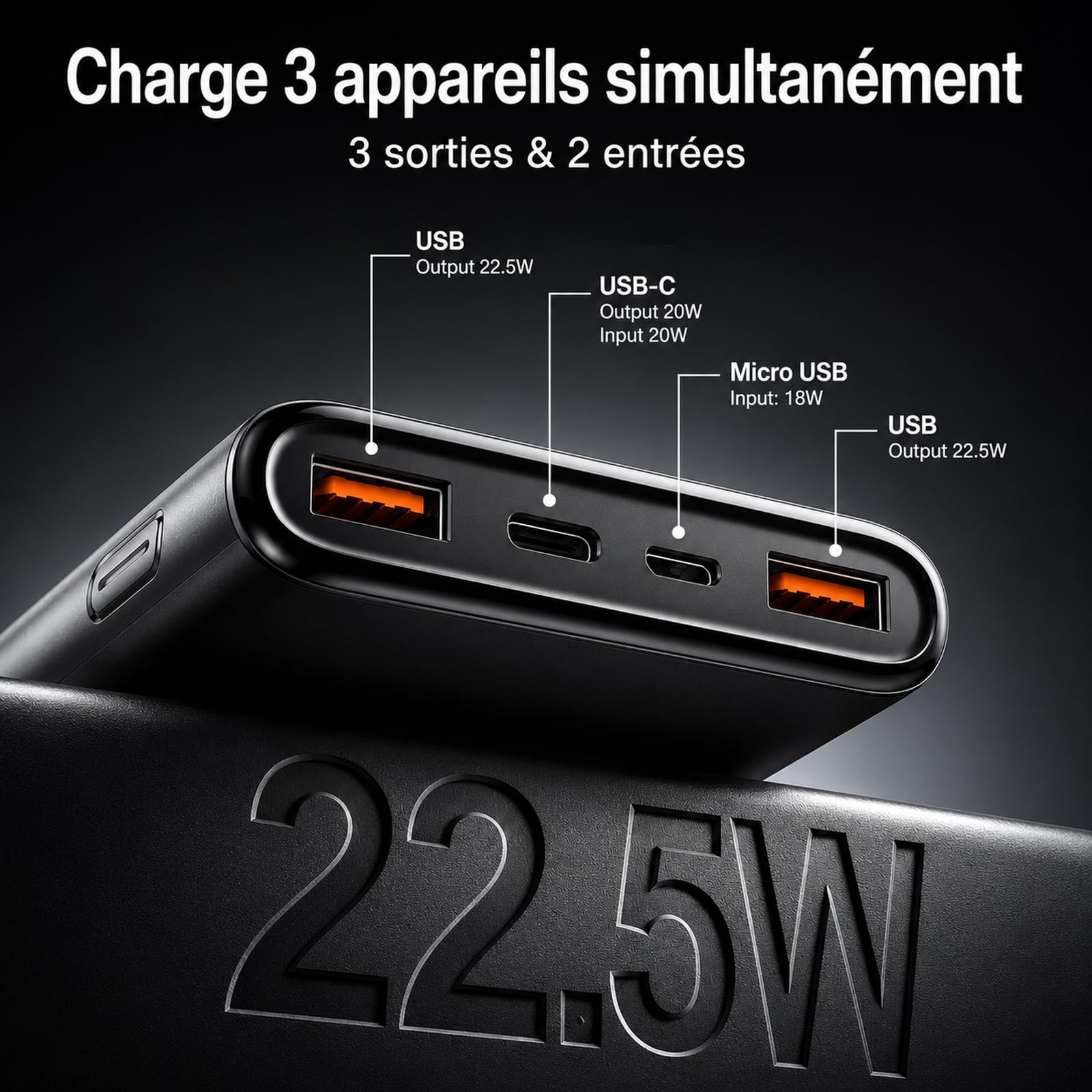 2026 Batterie Externe, 10000mAh 22.5W Power Bank, Batterie Portable USB C Input & Output PD3.0 QC4.0,Charge Rapide Powerbank à Affichage LED pour iPhone Samsung et Autres téléphone（Noir）