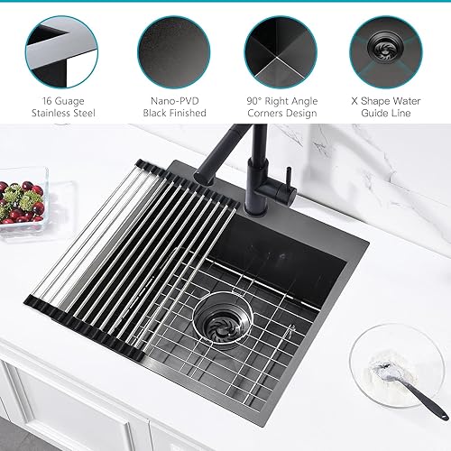 Miniatura 22 de Fregadero de barra con caída en 21 pulgadas, color negro, 21 x 18 x 10 pulgadas, acero inoxidable negro T304 calibre 16, montaje superior, fregadero