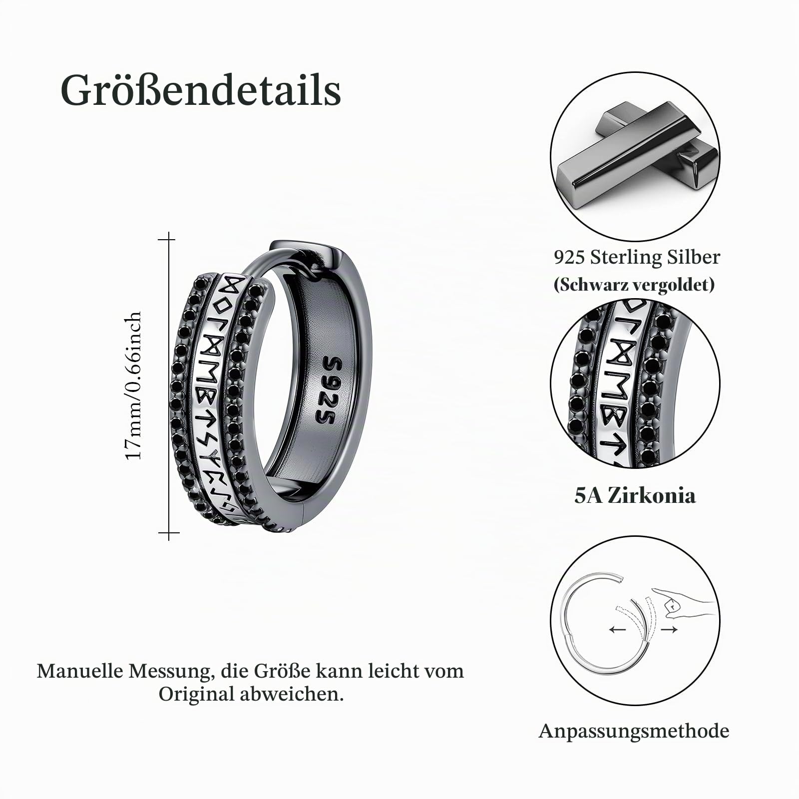 Schwarz Wikinger Creolen 925 Sterling Silber Schwarze Rune Creolen Ohrringe Wikinger Ohrringe Schmuck