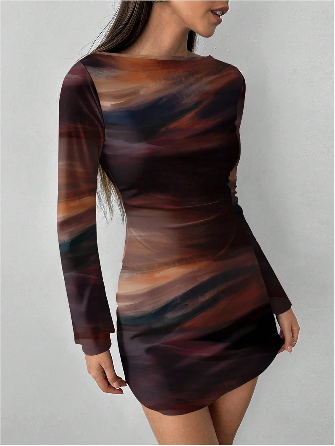 Women's Tie Dye Mini Dress Mesh Tie Back Crew Neck Long Sleeve Fitted Evening Party Going Out Dresses - Image 3