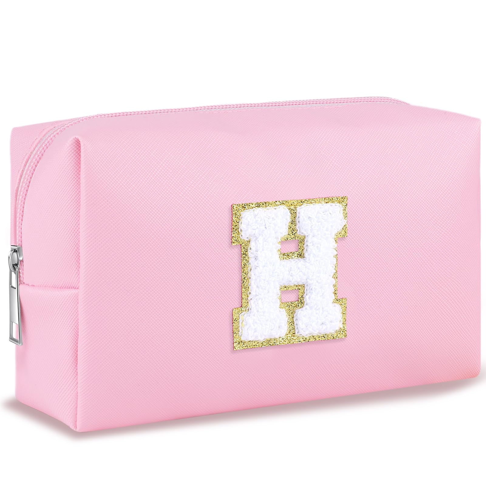 URSKYTOUSInitial Makeup Bag Personalized Preppy Travel Small Cosmetic Bag Cute PU Pink Chenille Letter Makeup Pouch for Purse Waterproof Zippered Toiletry Organizer for Women Girls Kids Friends (H)