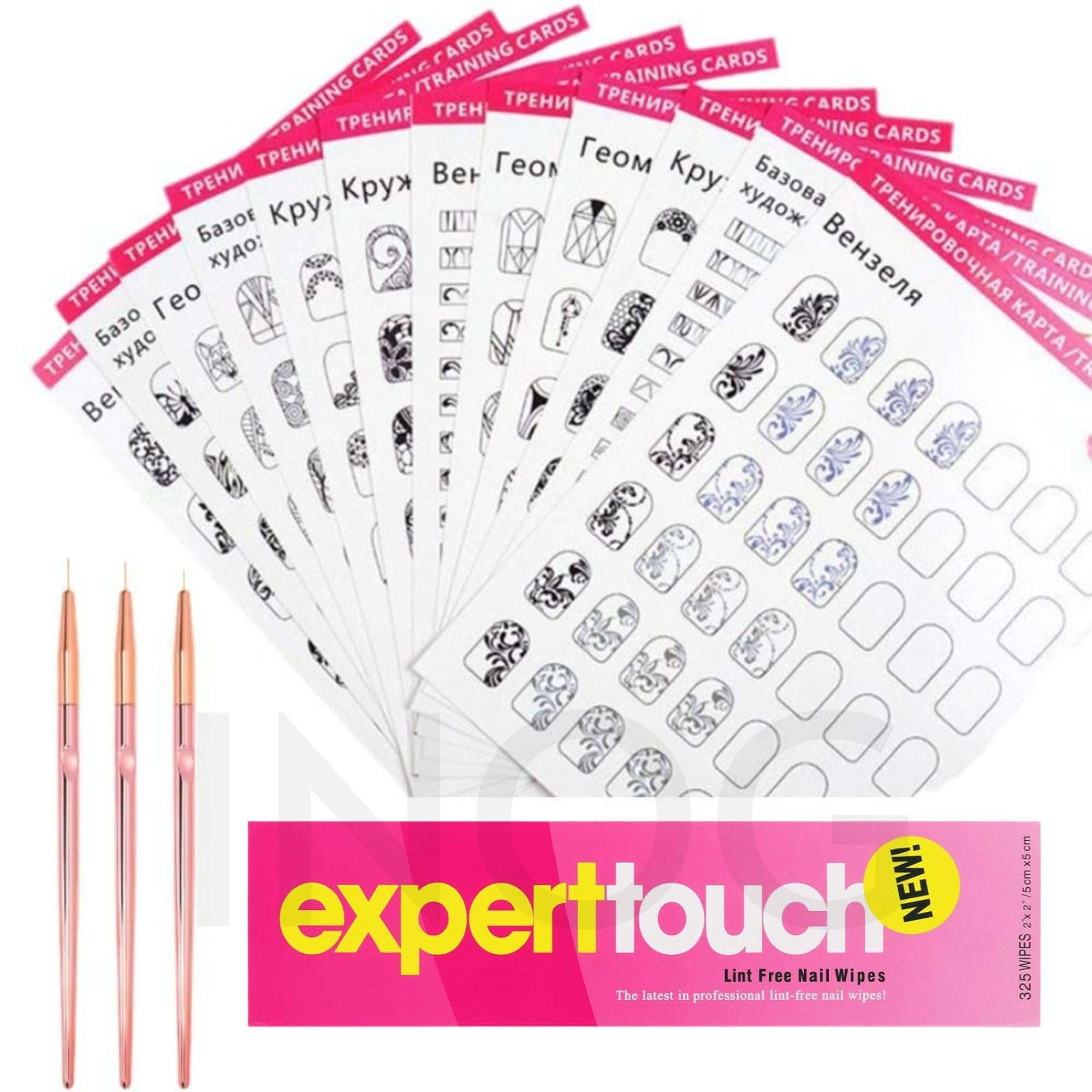 INOG Nail Art Book Design Practice with 3 Pieces Rose Gold Nail Liner Pen, 360 Pieces Nail Wipes, Drawing Lines, Painting Template, Learning Book Reuseable-image-11