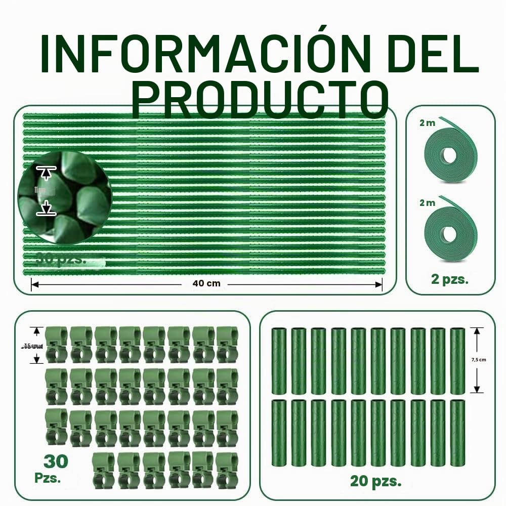 30x Soportes para plantas, ayuda para trepadoras, tubo de acero recubierto de plástico inoxidable de 40 cm Ø11 mm, con 20 conectores y 30 clips multifuncionales, soporte para plantas, para guisantes
