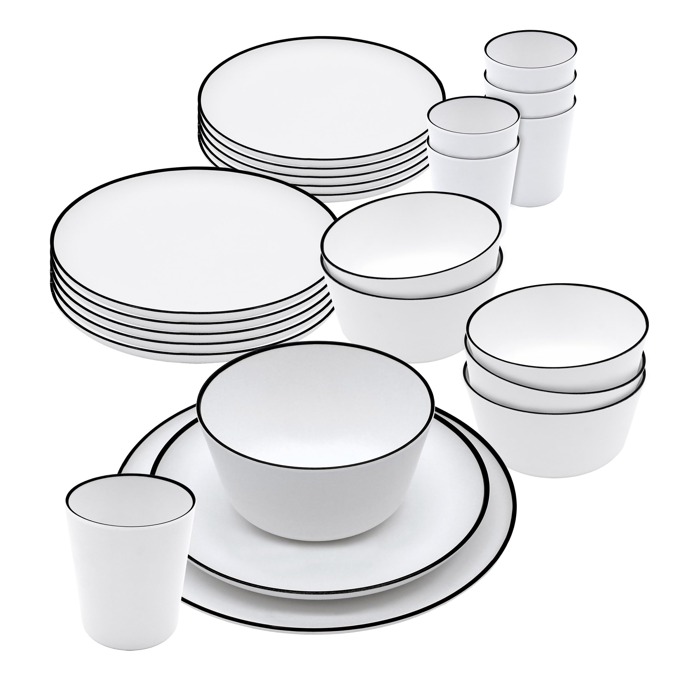 Vajilla de melamina para camping, 24 piezas, juego de platos, cuenco y vaso, vajilla de camping para 4 personas, accesorios de camping, aptos para lavavajillas, irrompible