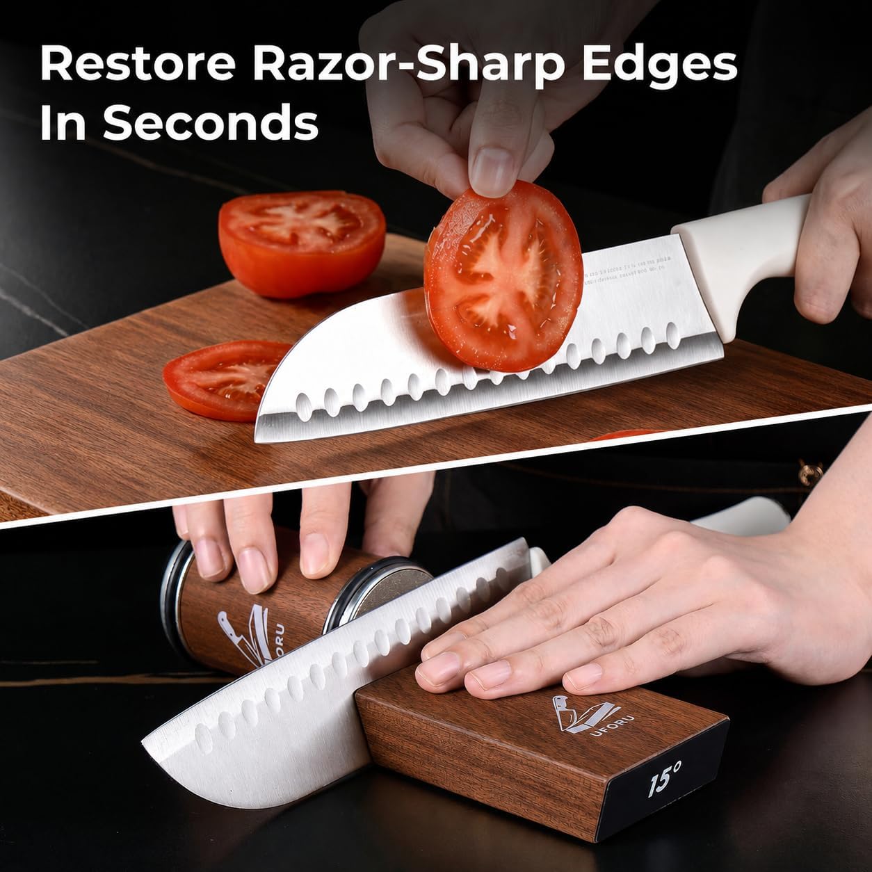 UFORU Rolling Knife Sharpener Kit, Knife Sharpener Tool with 15° & 20° Magnetic Angle Guide, Diamond Discs, Leather Strop, Wooden Kitchen Knife Sharpening System for Chef Knives