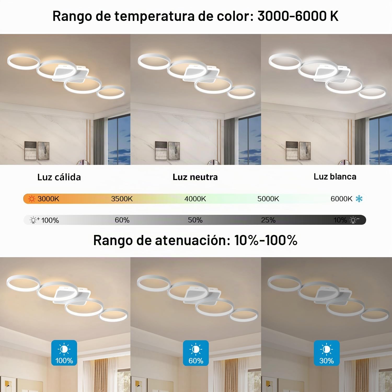 94cm Lámpara de Techo LED Regulable Lampara Techo 54W Blanco | Lámpara de Dormitorio con Mando a Distancia APP, Iluminación de Techo Moderna con Redonda de 4 Anillos para Salón