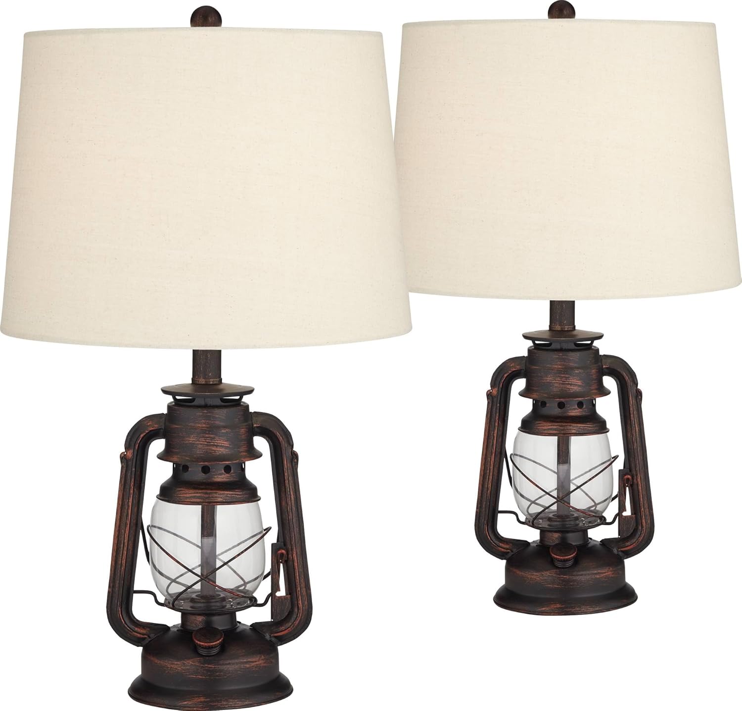 Franklin Iron Works Murphy 23" High Miner Lantern Small Farmhouse Rustic Traditional Accent Table Lamps Set of 2 Red Bronze Finish Metal Oatmeal Shade Living Room Bedroom Bedside Nightstand House