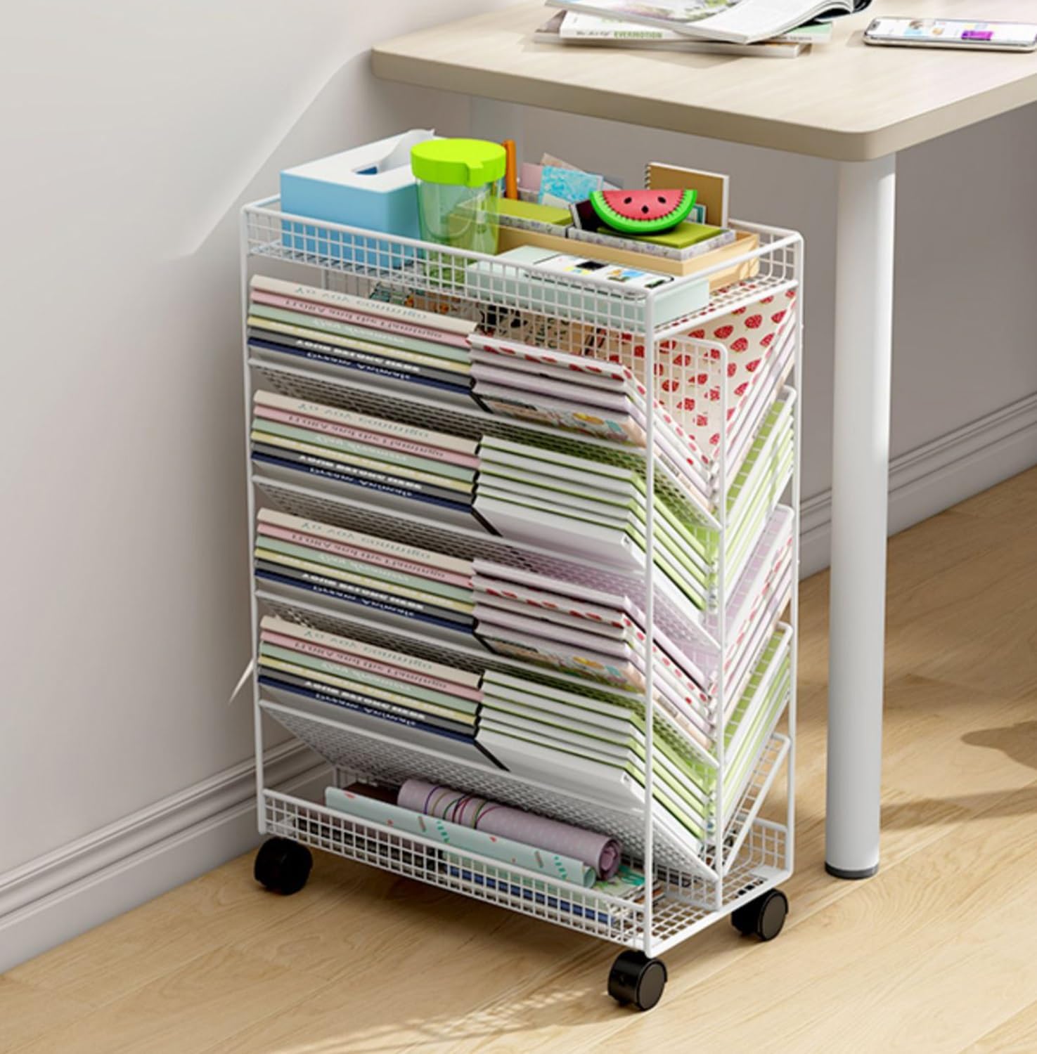 6 Tier V Shaped Rolling Book Cart with Lockable Wheels for Home Office Black Color Movable Desk Side Bookshelf for Library Bedroom Study Living Room