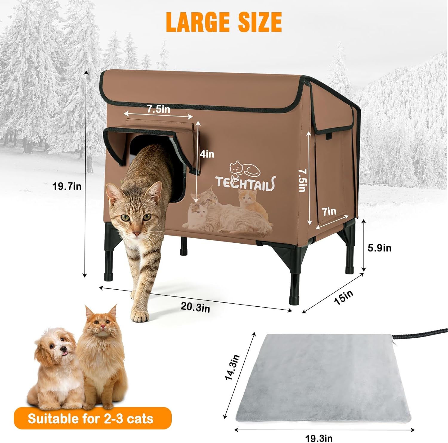 Heated Outdoor Cat House for Outside Winter, Insulated Weatherproof Feral Cat House with Slanted Roof, Escape Door & Heating Pad, Elevated Cat Shelter Bed for Outdoor Cats Stray Barn Cat (Coffee)