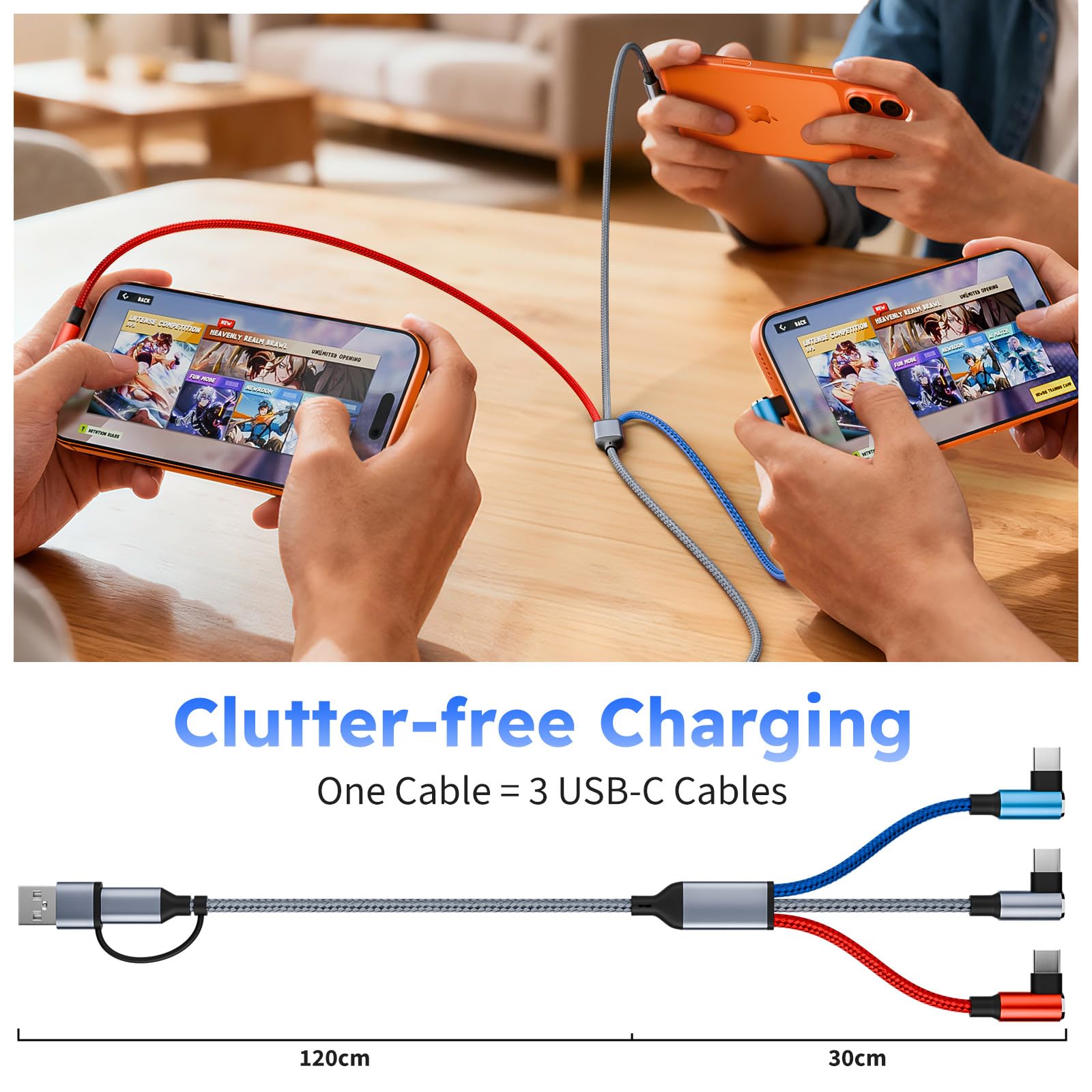 MPATIBY Cable USB A/C a USB C en ángulo recto, cable de carga trenzado tipo C de 90 grados de 5 pies, cable de carga USB C 3 en 2, cable de carga universal para teléfono con 3 puertos tipo C para