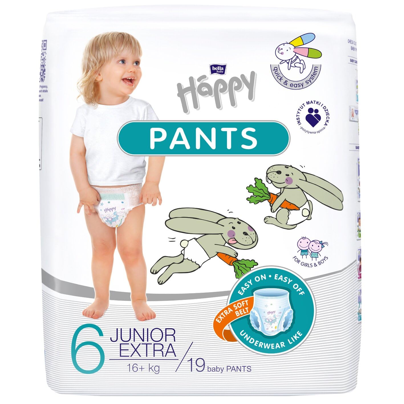 bella baby Happy Pants Gr.6 Junior Extra 16+ kg, 4er Pack (4 x 19 Stück): Höschenwindeln für Kinder, Ideal beim Töpfchentraining, frei von Chlor, Parfüm und Latex