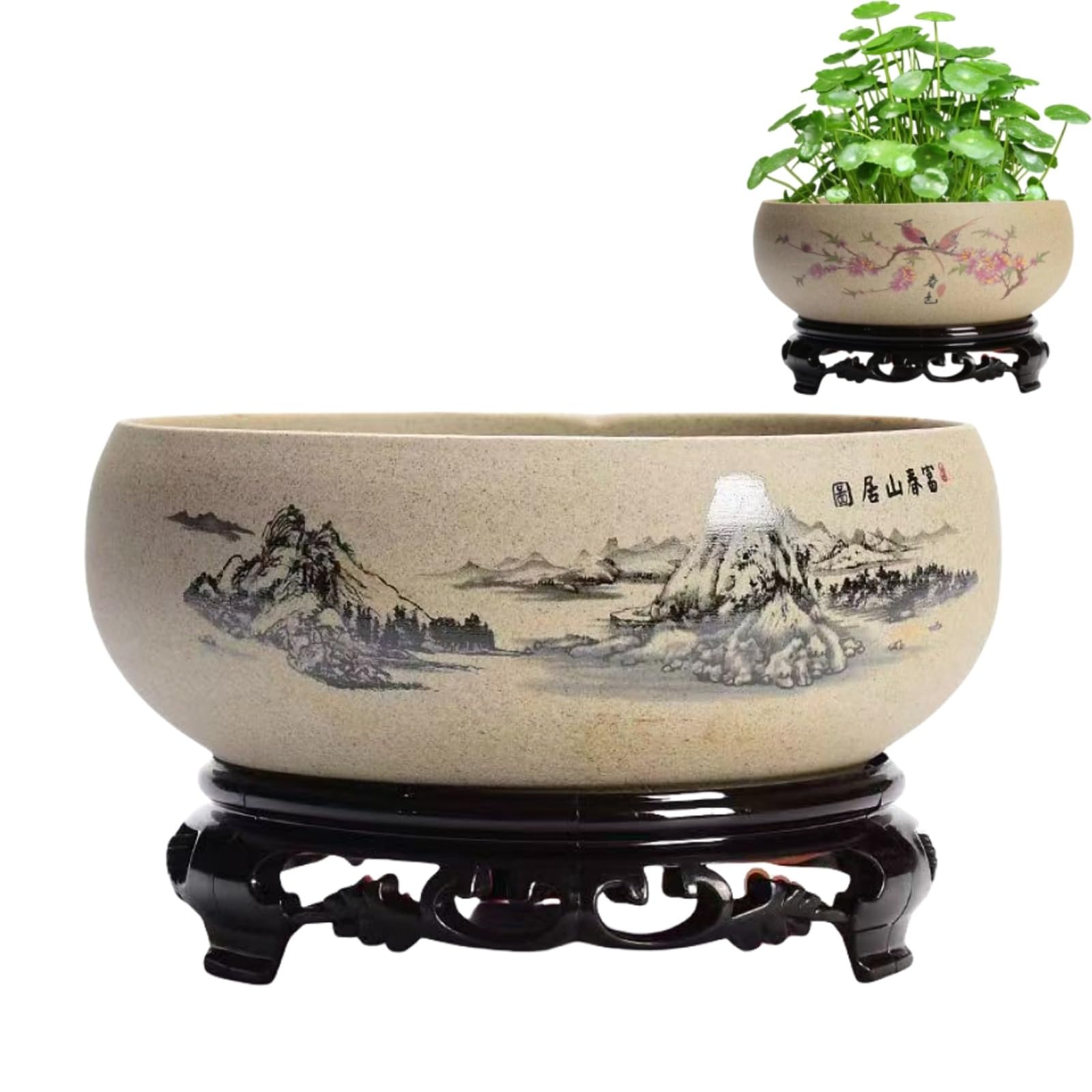 Bol de bonsaï en céramique artisanale, jardinière hydroponique design avec socle en bois