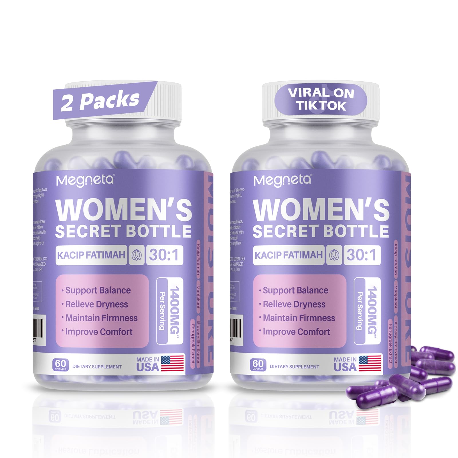 Vaginal Moisturizer Capsules, Kacip Fatimah 1,000mg & Manjakni 200mg for Female Health, Slippery Elm for Women, Vegan, 120 Capsules