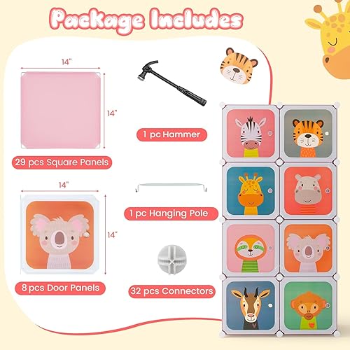 Miniatura 6 de Costzon Armario para niños, organizador modular de almacenamiento de tocador de dibujos animados con 8 cubos y estante para colgar ropa, armario