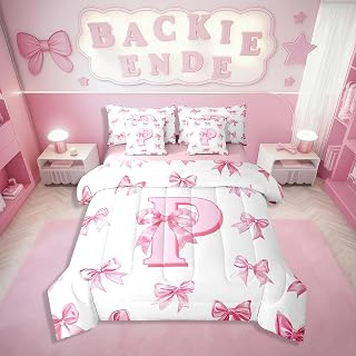 Erosebridal Initial Letter P Bed in A Bag with Sheets Pink Kawaii Bow Bedding Set for Girls,Dreamy Princess Letter Bowknot Twin Comforter Set 7 Piece for Kids Teen Women,Cute Girly Bow Bed Set