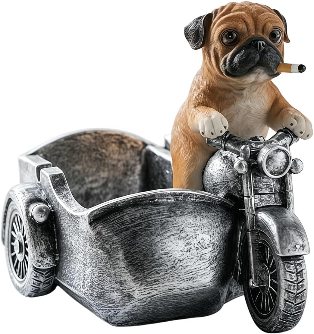 Resin Pug Motorcycle Funny Ashtray, Windproof Carvings Cigar Ash Tray Holder with Lid, Multifunctional Cartoon Dog Statue Desktop Storage Box for Keys and Coins