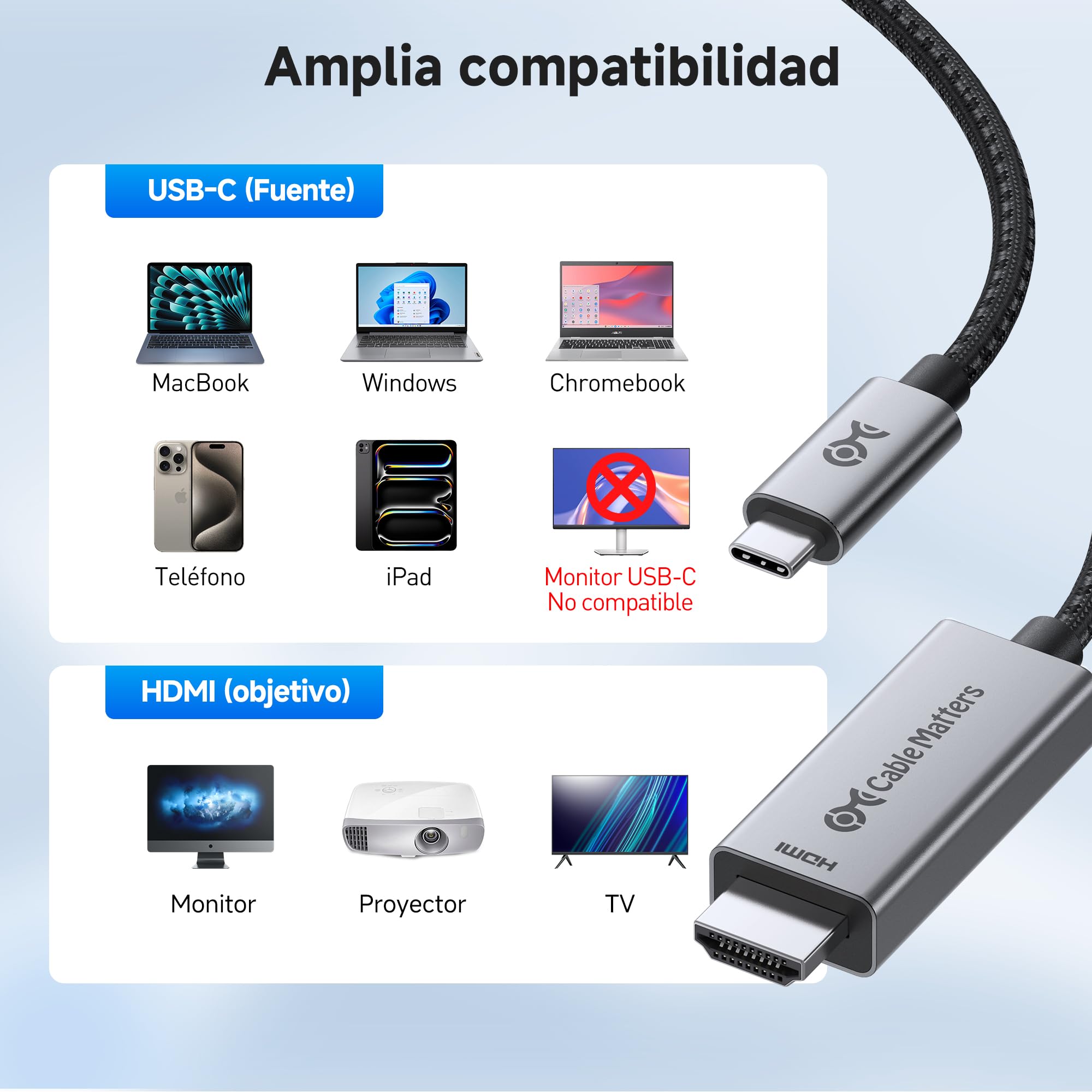 Cable Matters Cable USB C a HDMI 2.1 unidireccional de 48 Gbps y 8K - 3 m, compatible con 4K a 240 Hz / 8K a 60 Hz con HDR, cable Thunderbolt 4 a HDMI 2.1, compatible con portátiles Thunderbolt 8